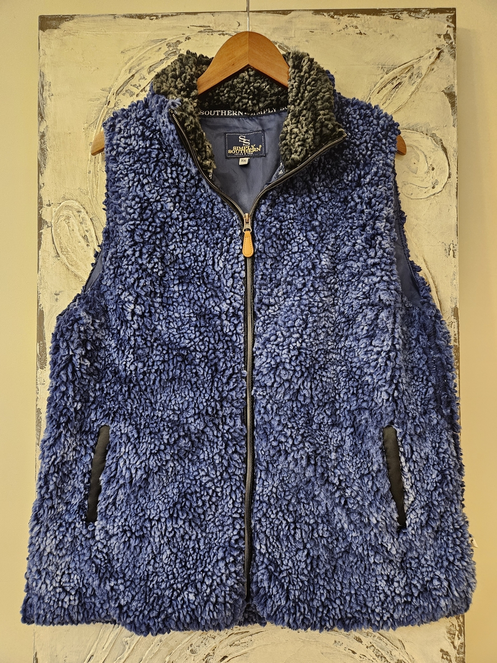 Simply Southern Blue Sherpa Fuzzy Vest with Black Trim